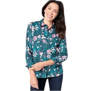 Denim & Co Classic Tunic Shirt French Cuff Floral Teal Button Top - Small